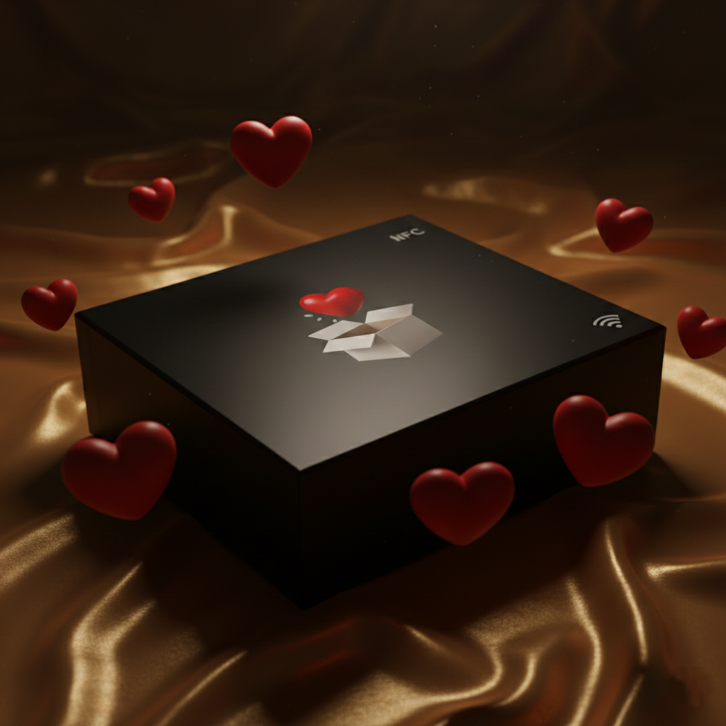 Cutie neagră inteligentă StoryBox, care transmite un mesaj personalizat.