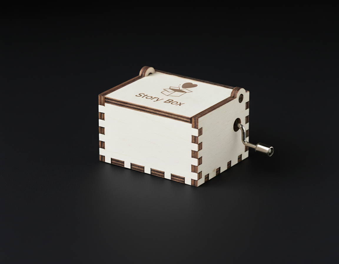 Cutie muzicală din lemn StoryBox pe fundal negru – mecanism manual, design elegant, perfectă pentru cadouri personalizate.