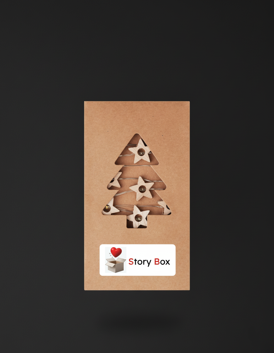 Decorațiune de Crăciun din lemn în formă de brad, prezentată pe un fundal elegant — accesoriu inclus în seturile cadou StoryBox.