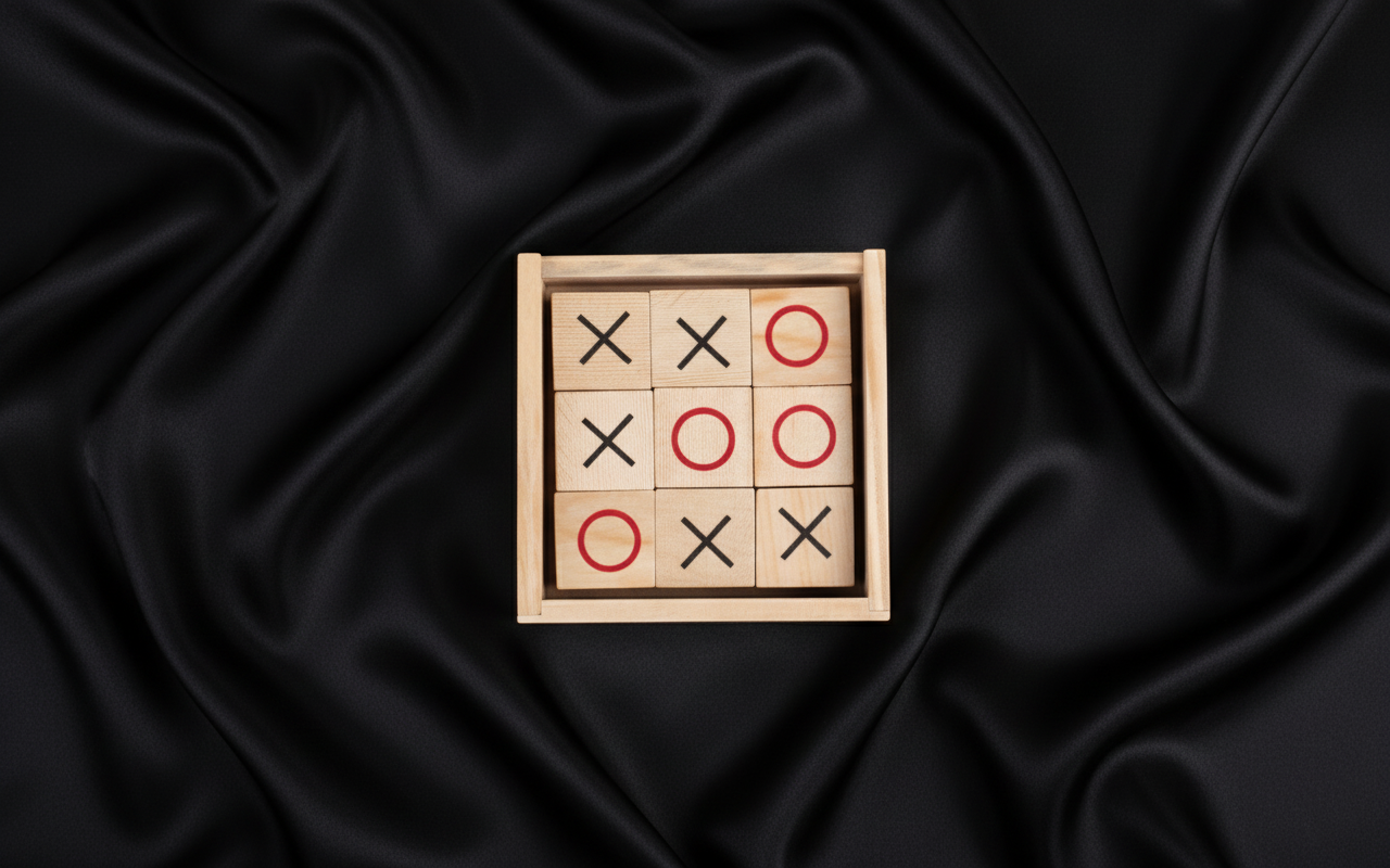 Joc X și O din lemn, cu pioni roșii și negri, așezat pe un fundal negru satinat — accesoriu inclus în seturile cadou StoryBox.