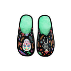 Papuci tip mocasin negri cu model colorat de Dia de los Muertos și interior verde mentă – încălțăminte confortabilă StoryBox.