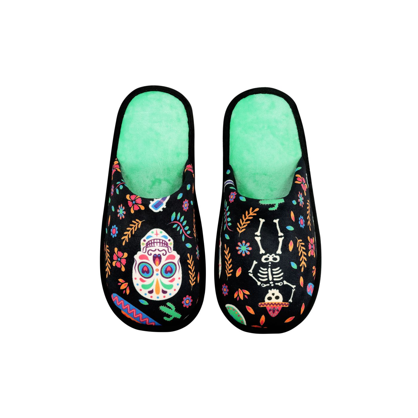 Papuci tip mocasin negri cu model colorat de Dia de los Muertos și interior verde mentă – încălțăminte confortabilă StoryBox.
