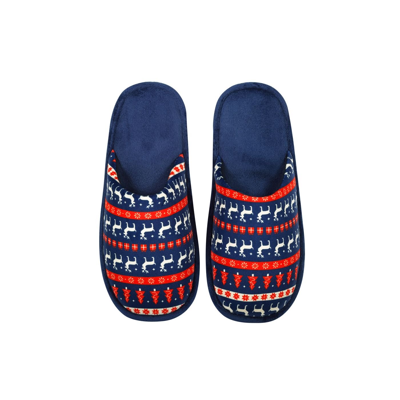 Papuci de casă de Crăciun model Rudolf, culoare albastru, imprimeu cu reni și brăduți, încălțăminte de iarnă confortabilă – StoryBox
