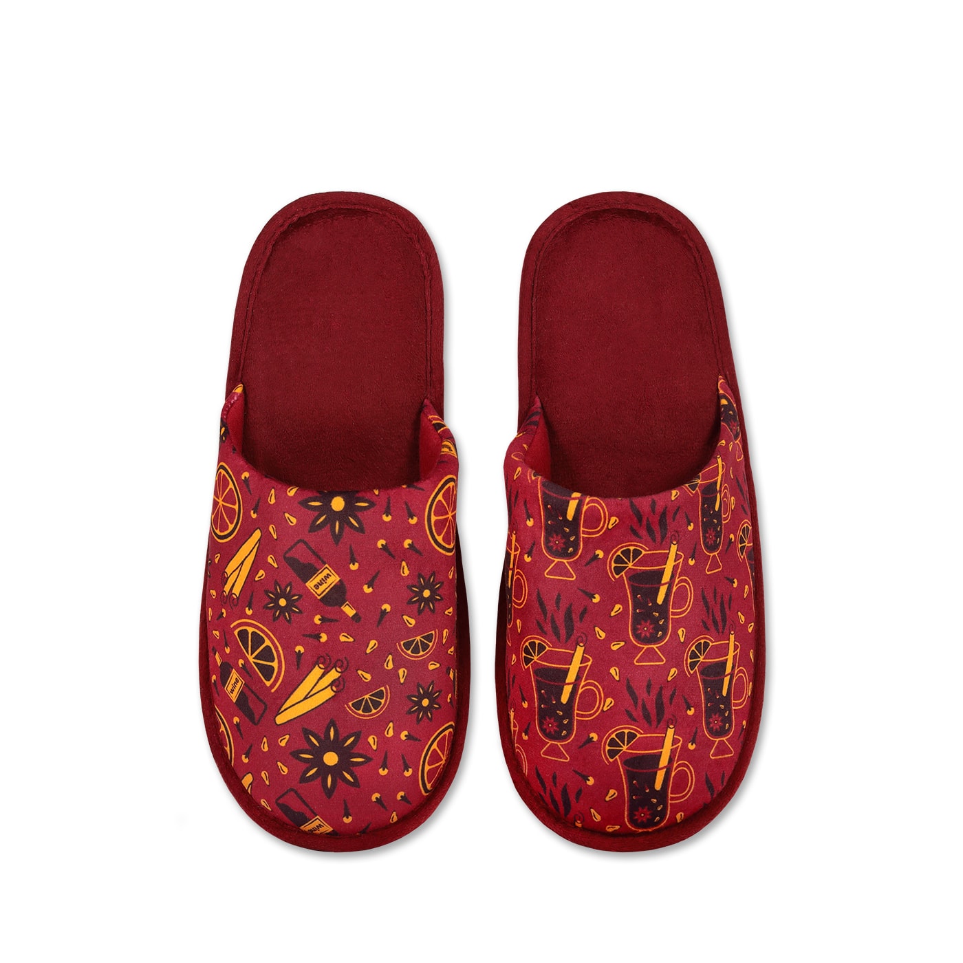 papuci de casă roșii cu model de Crăciun și imprimeu sangria – StoryBox