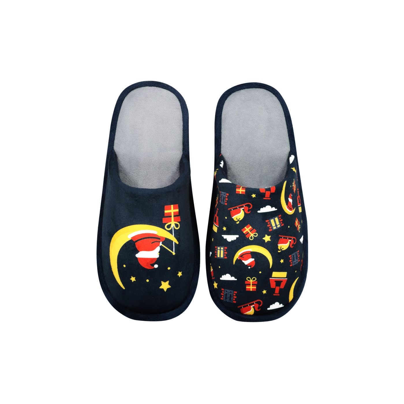 Papuci de casă tematici de Crăciun, model Santa Claus pe fundal albastru, papuci confortabili și călduroși pentru iarnă – StoryBox