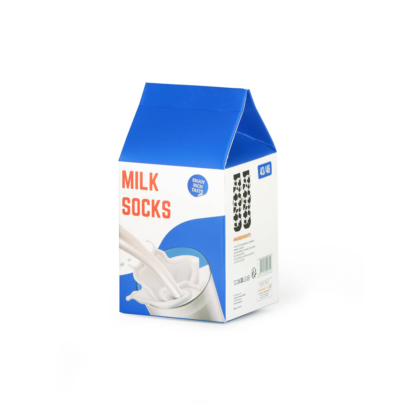 Cutie Milk Socks – șosete amuzante în ambalaj tip cutie de lapte, fotografiate pe fundal alb, produs StoryBox.