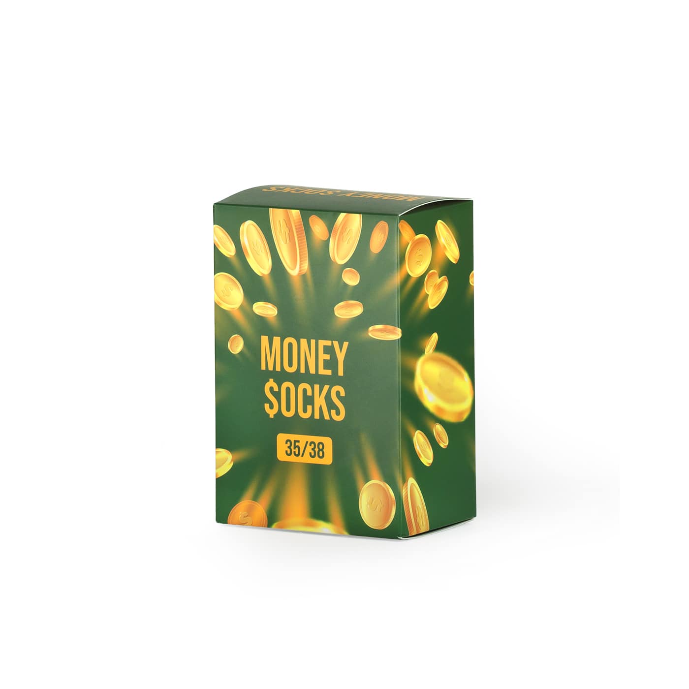 Cutie cadou cu șosete „Money Socks” din colecția StoryBox, ambalaj verde decorat cu monede aurii.