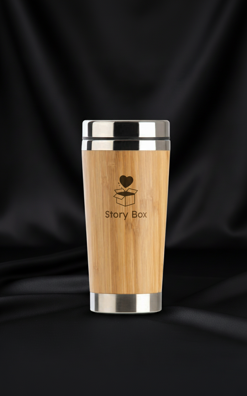 Termos din bambus StoryBox cu gravură logo, fotografiat pe fundal negru satinat
