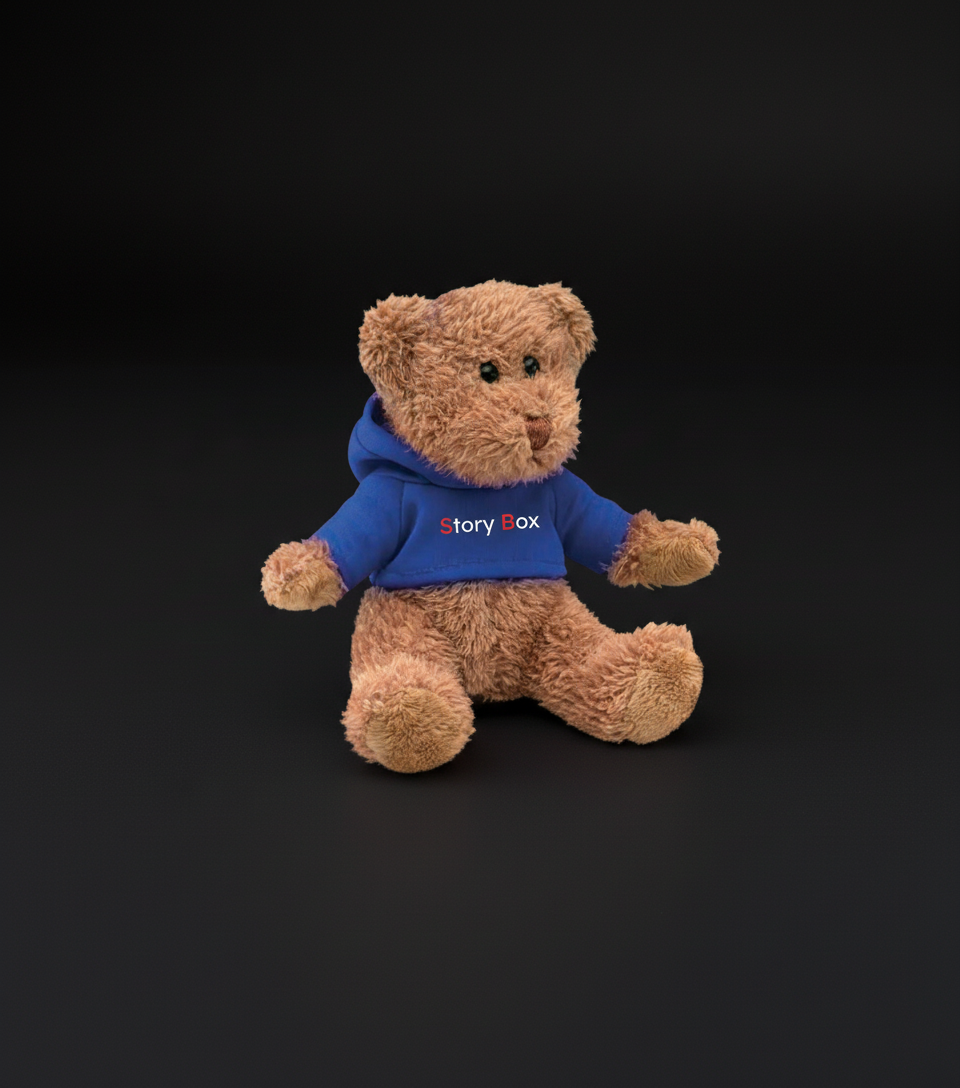Ursuleț de pluș StoryBox cu hanorac albastru, fotografiat pe fundal negru — accesoriu inclus în seturile cadou StoryBox.