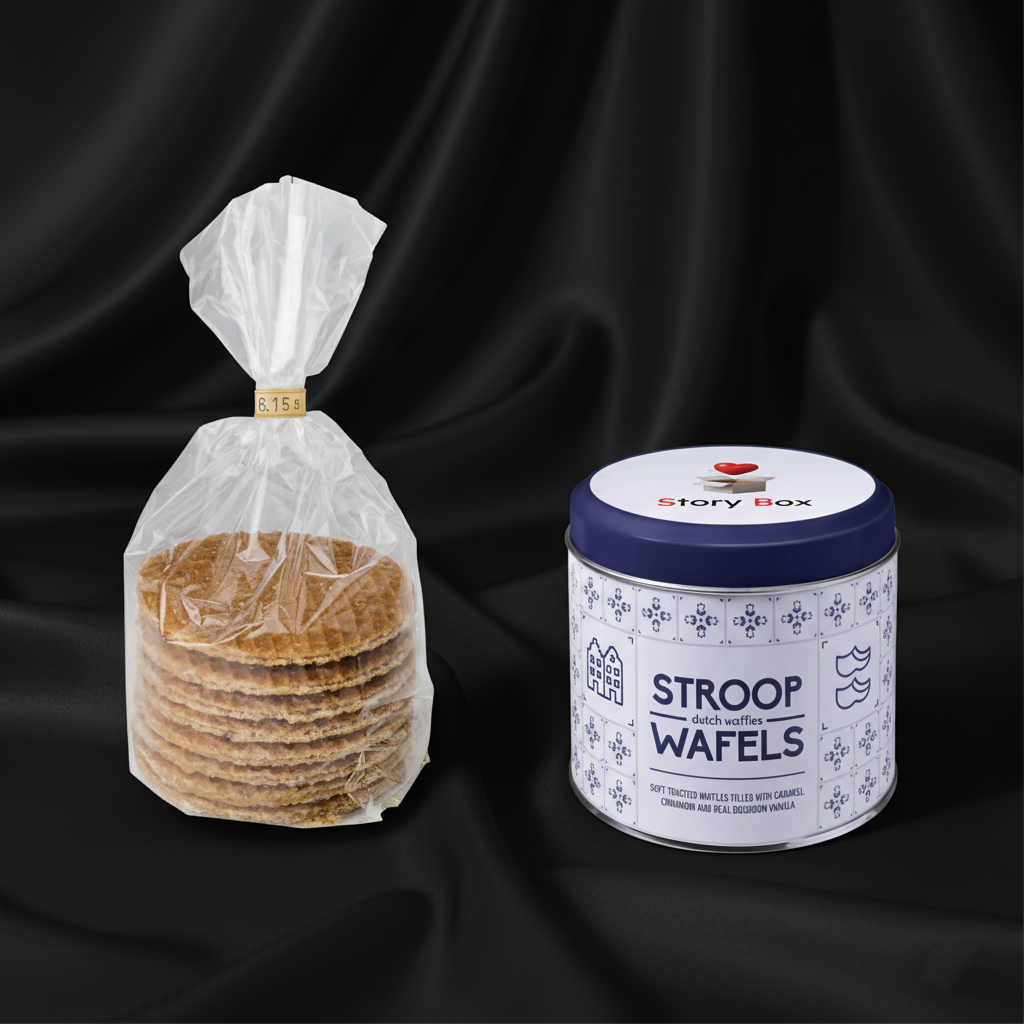 Set cadou StoryBox cu waffles olandeze și cutie metalică decorativă pe fundal negru elegant